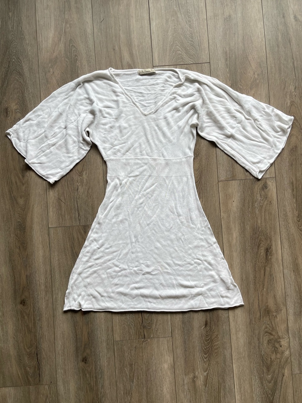 White V-Neck Knit Sweater Dress with Flared Sleeves